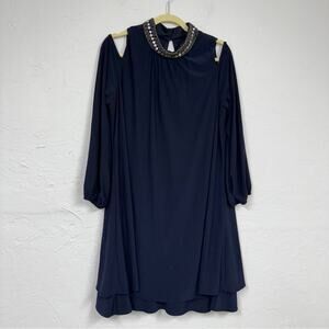 X by Xscape Blue Beaded Collar Formal Mini Dress Women 16 Babydoll Cold Shoulder